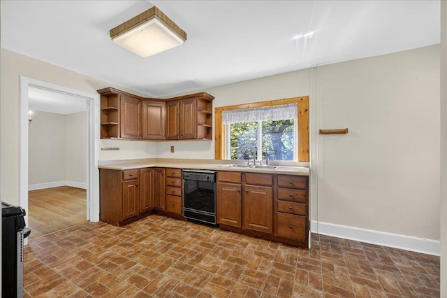 1095 State Route 94, New Windsor, NY 12553 - kitchen featuring open shelves, black dishwasher, brick patterned flooring, stainless steel stove, and brown cabinetry
