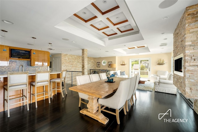 50 Ships Point Ln, Oyster Bay, NY 11771 - dining area featuring dark wood-style floors and coffered ceiling