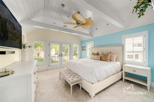 50 Ships Point Ln, Oyster Bay, NY 11771 - bedroom with access to exterior, french doors, light colored carpet, a ceiling fan, and wooden ceiling