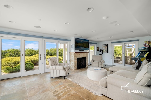 50 Ships Point Ln, Oyster Bay, NY 11771 - living area featuring a fireplace and recessed lighting