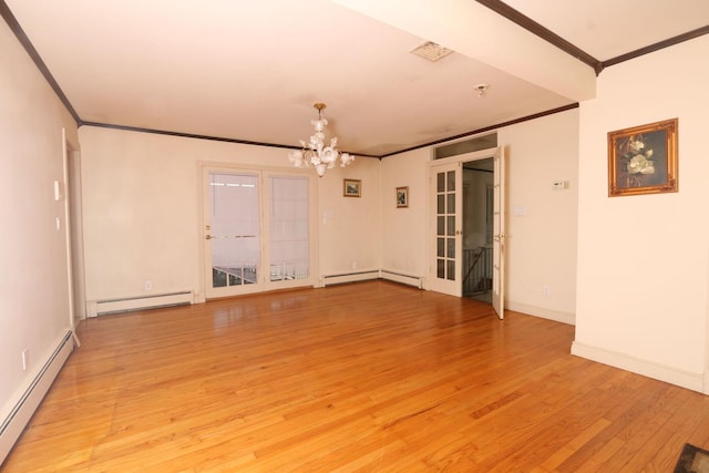 148 Spruce St, Lindenhurst, NY 11757 - empty room featuring a baseboard radiator, crown molding, baseboard heating, a chandelier, and light wood-style floors