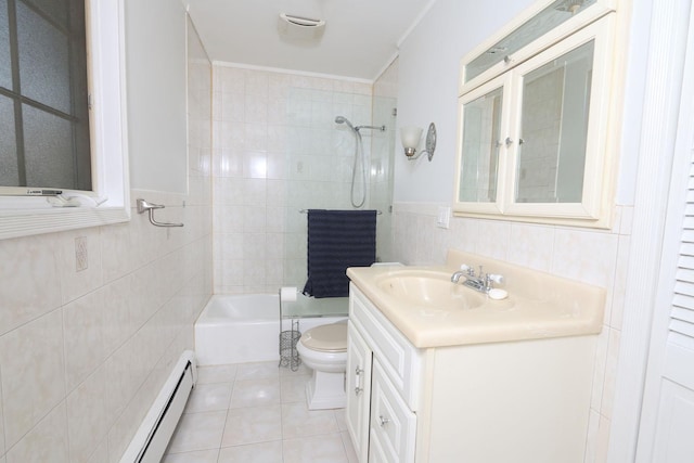 148 Spruce St, Lindenhurst, NY 11757 - bathroom featuring tile walls, vanity, tile patterned floors, shower / bath combination, and ornamental molding