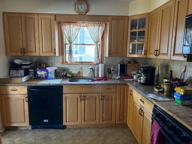 216 Hill Ave, Elmont, NY 11003 - kitchen featuring black dishwasher, glass insert cabinets, decorative backsplash, and brown cabinetry