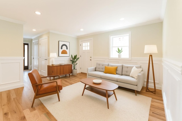 176 Hillsboro Ave, Elmont, NY 11003 - living area with ornamental molding, light wood-style flooring, recessed lighting, and wainscoting