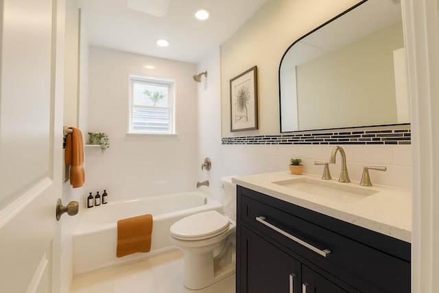 176 Hillsboro Ave, Elmont, NY 11003 - bathroom with vanity, tile patterned floors, tub / shower combination, decorative backsplash, and recessed lighting
