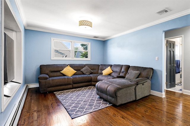 3 Grant Ave, Albertson, NY 11507 - living room with baseboard heating, crown molding, and wood finished floors