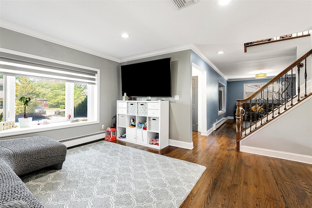3 Grant Ave, Albertson, NY 11507 - living room featuring ornamental molding, a baseboard radiator, recessed lighting, wood finished floors, and stairway