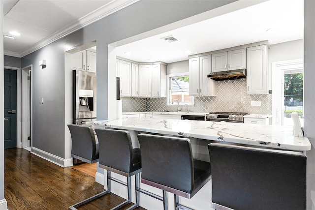 3 Grant Ave, Albertson, NY 11507 - kitchen with under cabinet range hood, light stone counters, crown molding, tasteful backsplash, and gas stove