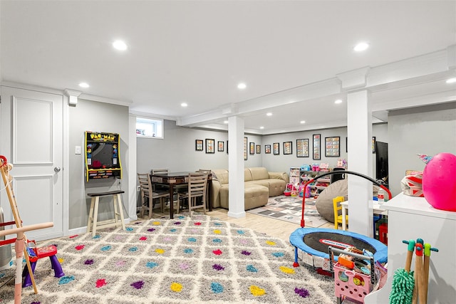 3 Grant Ave, Albertson, NY 11507 - playroom with recessed lighting, crown molding, and wood finished floors