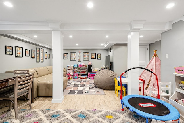 3 Grant Ave, Albertson, NY 11507 - game room with ornamental molding, wood finished floors, and recessed lighting
