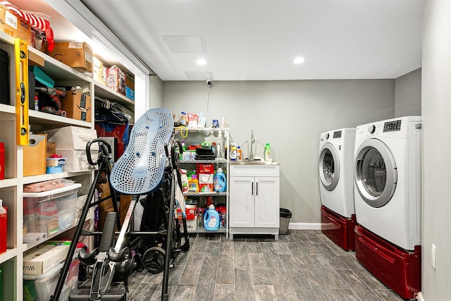 3 Grant Ave, Albertson, NY 11507 - laundry room with washer and clothes dryer, cabinet space, dark wood finished floors, attic access, and recessed lighting