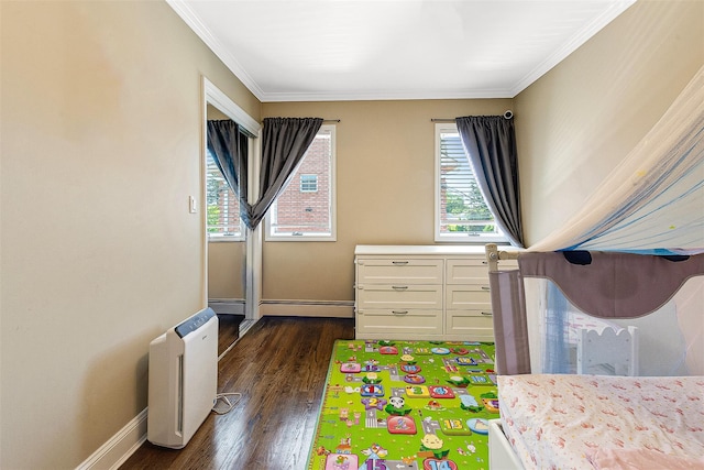 3 Grant Ave, Albertson, NY 11507 - bedroom with dark wood-style floors, crown molding, baseboard heating, and a baseboard radiator