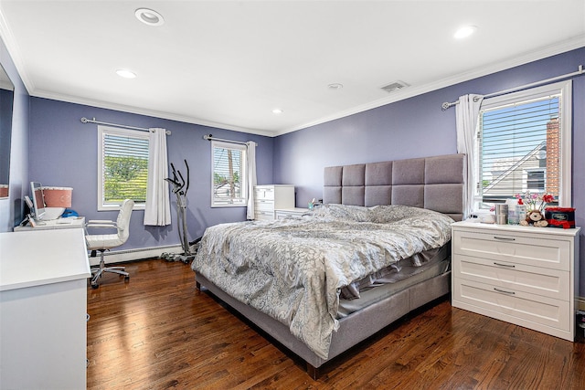 3 Grant Ave, Albertson, NY 11507 - bedroom with baseboard heating, crown molding, dark wood finished floors, an office area, and recessed lighting