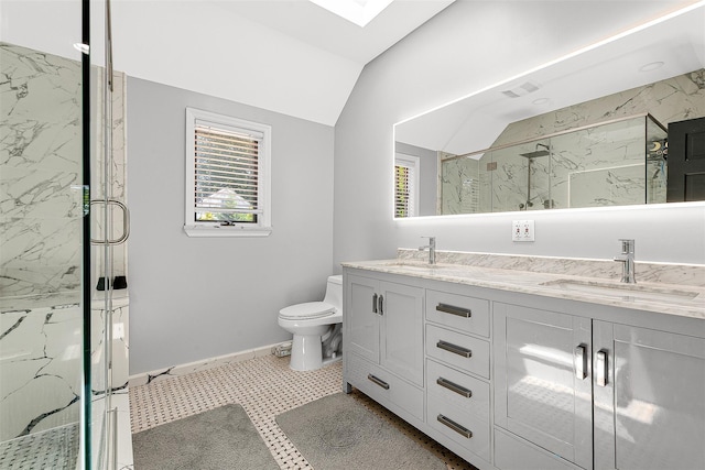 3 Grant Ave, Albertson, NY 11507 - full bathroom with a marble finish shower, double vanity, plenty of natural light, a skylight, and vaulted ceiling