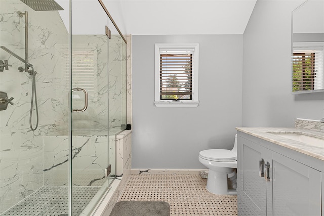 3 Grant Ave, Albertson, NY 11507 - bathroom with plenty of natural light, a marble finish shower, vanity, and tile patterned floors