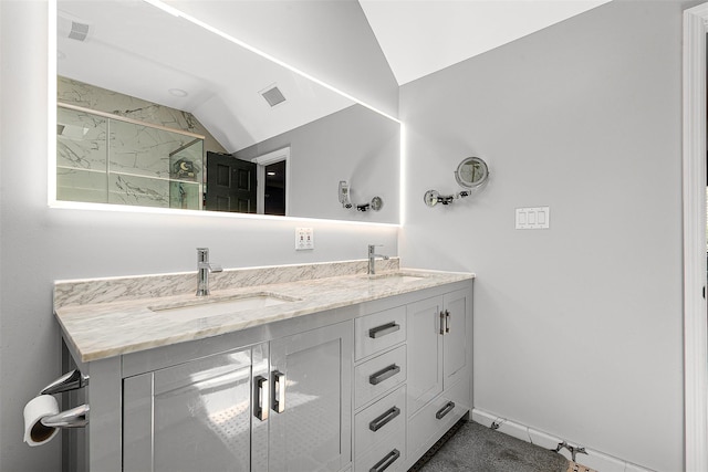 3 Grant Ave, Albertson, NY 11507 - full bath featuring vaulted ceiling, double vanity, and a stall shower