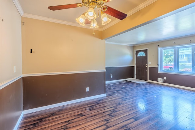 12 Rivera Ln, West Sayville, NY 11796 - empty room with ornamental molding, a ceiling fan, and wood finished floors