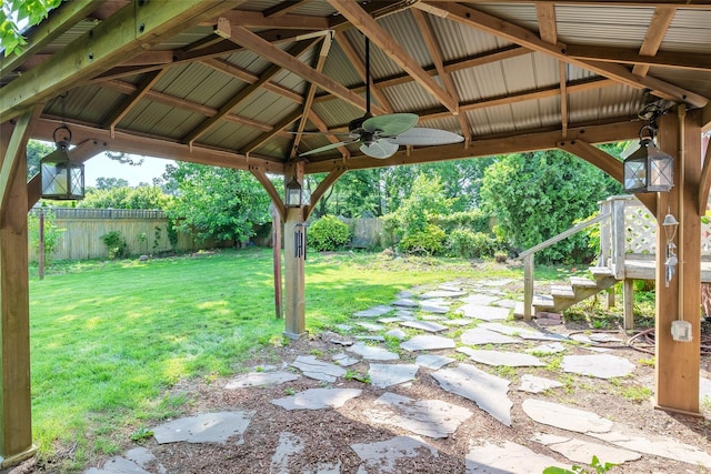 12 Rivera Ln, West Sayville, NY 11796 - fenced backyard featuring a gazebo and a ceiling fan