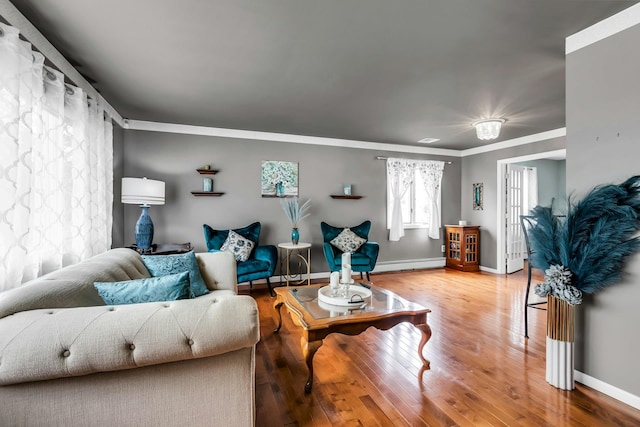 117 E Madison St, East Islip, NY 11730 - living room with ornamental molding, a baseboard radiator, and wood finished floors