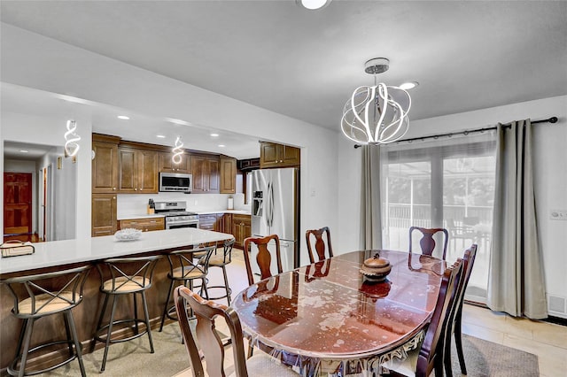 18 Pashen Pl, Dix Hills, NY 11746 - dining space featuring recessed lighting, a chandelier, and light tile patterned floors