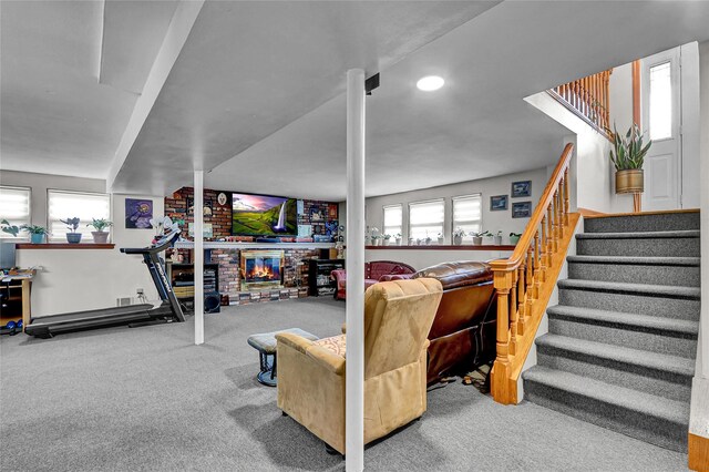 18 Pashen Pl, Dix Hills, NY 11746 - living room with carpet flooring, stairway, a brick fireplace, and recessed lighting