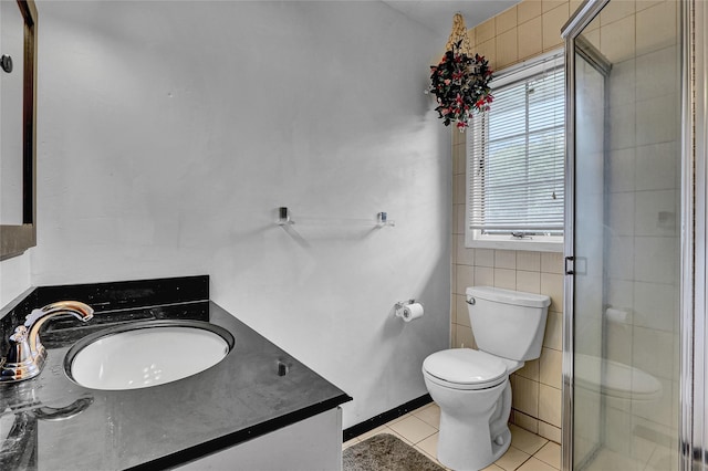 18 Pashen Pl, Dix Hills, NY 11746 - full bathroom featuring vanity, tile patterned floors, a stall shower, and tile walls