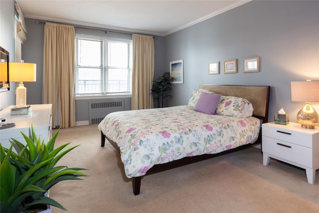 162-41 Powells Cove Blvd Unit 4K, Beechhurst, NY 11357 - bedroom featuring radiator heating unit, light carpet, and ornamental molding