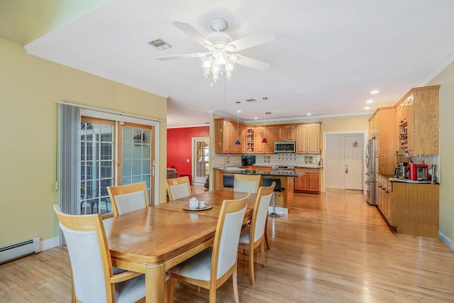 3 Kohlsaat Ct, Smithtown, NY 11787 - dining room featuring a baseboard radiator, ornamental molding, light wood-type flooring, recessed lighting, and ceiling fan