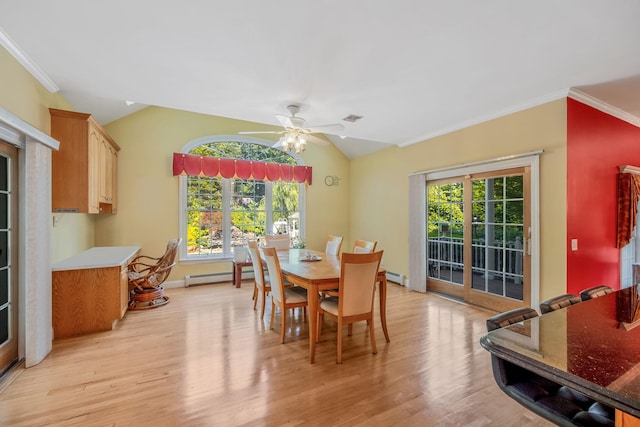 3 Kohlsaat Ct, Smithtown, NY 11787 - dining area with vaulted ceiling, light wood-style flooring, a ceiling fan, a baseboard radiator, and ornamental molding