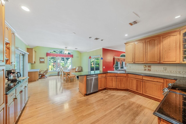 3 Kohlsaat Ct, Smithtown, NY 11787 - kitchen featuring dishwasher, a peninsula, light wood finished floors, crown molding, and glass insert cabinets