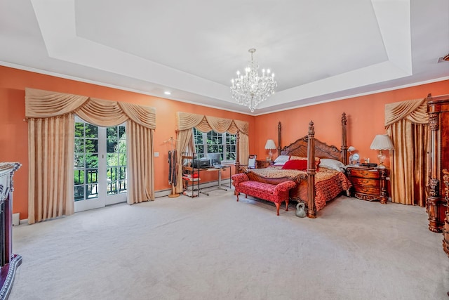 3 Kohlsaat Ct, Smithtown, NY 11787 - carpeted bedroom featuring a raised ceiling, access to exterior, a chandelier, baseboard heating, and recessed lighting