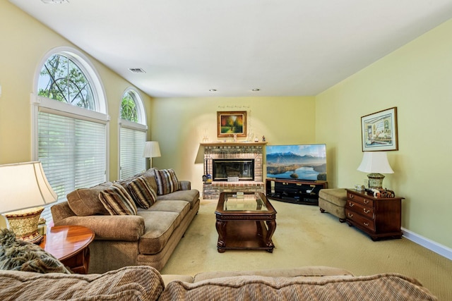 10 Bryan Meadow Path, Northport, NY 11768 - living room with carpet floors and a brick fireplace