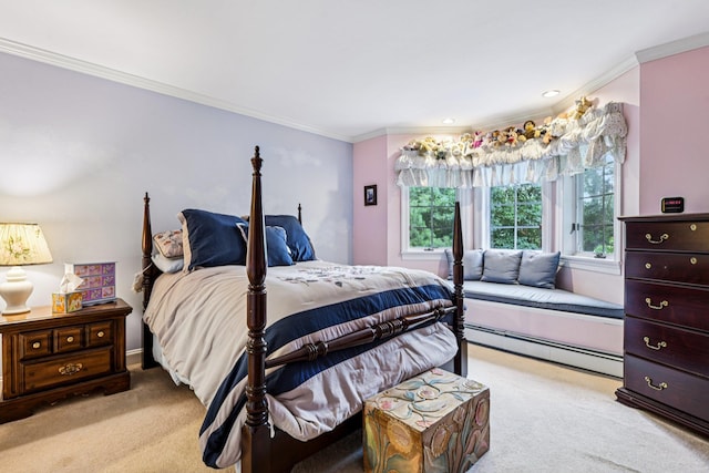 10 Bryan Meadow Path, Northport, NY 11768 - bedroom with light colored carpet, ornamental molding, a baseboard radiator, and recessed lighting