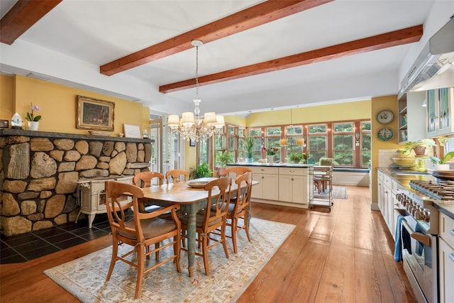 17 Half Moon Rdg, Cold Spring, NY 10516 - dining area featuring a chandelier, light wood-type flooring, and beam ceiling