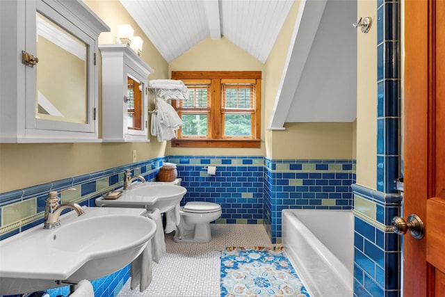 17 Half Moon Rdg, Cold Spring, NY 10516 - full bath with wainscoting, a tub, tile patterned flooring, tile walls, and wooden ceiling