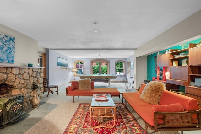 17 Half Moon Rdg, Cold Spring, NY 10516 - living room with billiards and a wood stove