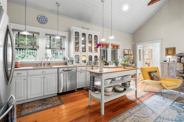 17 Half Moon Rdg, Cold Spring, NY 10516 - kitchen featuring appliances with stainless steel finishes, light wood finished floors, decorative light fixtures, wood ceiling, and high vaulted ceiling
