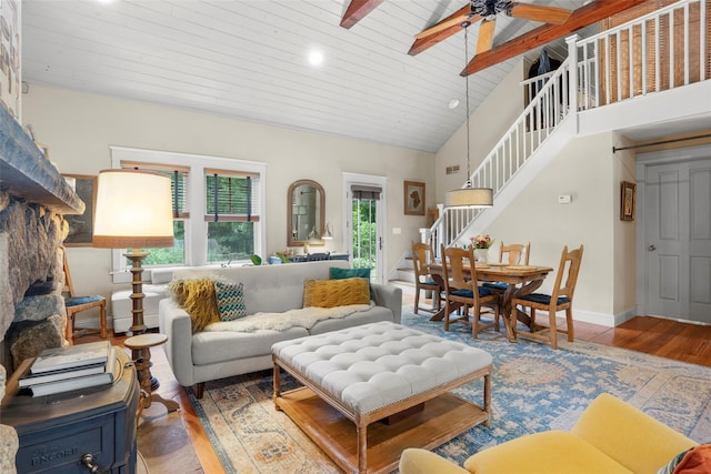 17 Half Moon Rdg, Cold Spring, NY 10516 - living room featuring stairway, wood finished floors, a ceiling fan, vaulted ceiling, and wooden ceiling