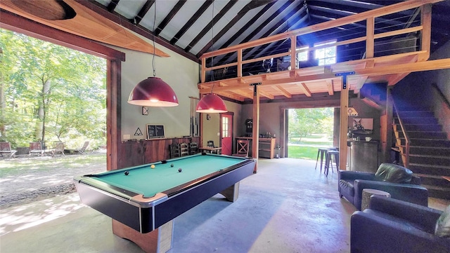 17 Half Moon Rdg, Cold Spring, NY 10516 - playroom featuring billiards, high vaulted ceiling, concrete floors, and beamed ceiling