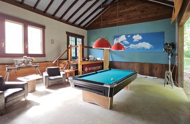 17 Half Moon Rdg, Cold Spring, NY 10516 - playroom featuring pool table, a wainscoted wall, wood walls, and concrete floors