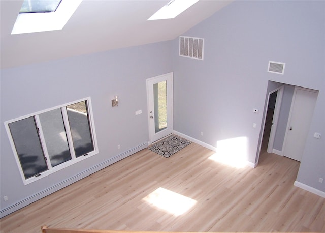 121 Lower Sheep Pasture Rd, East Setauket, NY 11733 - spare room with a skylight, high vaulted ceiling, wood finished floors, and baseboard heating