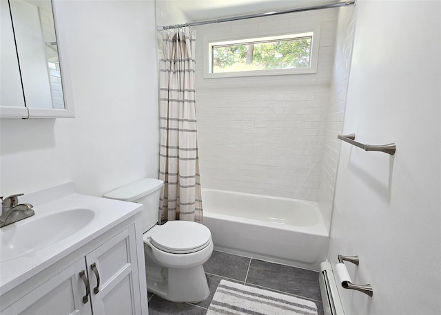 121 Lower Sheep Pasture Rd, East Setauket, NY 11733 - full bath featuring baseboard heating, tile patterned floors, vanity, and shower / bath combo with shower curtain