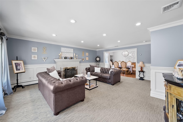 506 Kime Ave, West Islip, NY 11795 - living room with a brick fireplace, baseboard heating, wainscoting, carpet, and ornamental molding