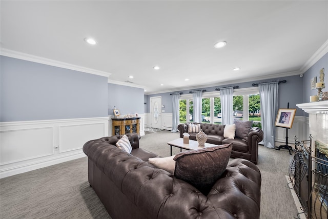 506 Kime Ave, West Islip, NY 11795 - living room featuring light colored carpet, crown molding, recessed lighting, a decorative wall, and wainscoting