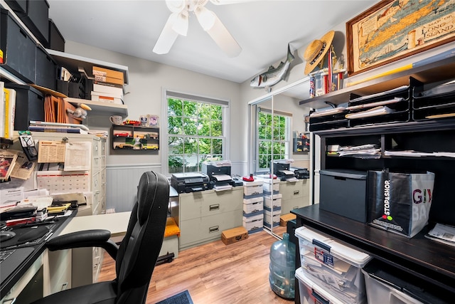 506 Kime Ave, West Islip, NY 11795 - home office with ceiling fan, light wood finished floors, and wainscoting
