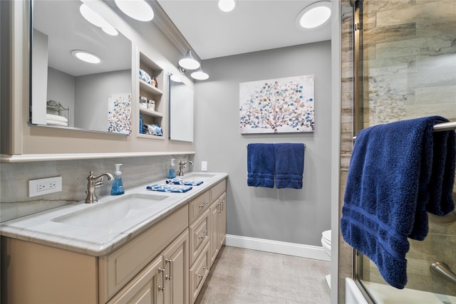506 Kime Ave, West Islip, NY 11795 - bathroom featuring double vanity, a shower with shower door, and decorative backsplash
