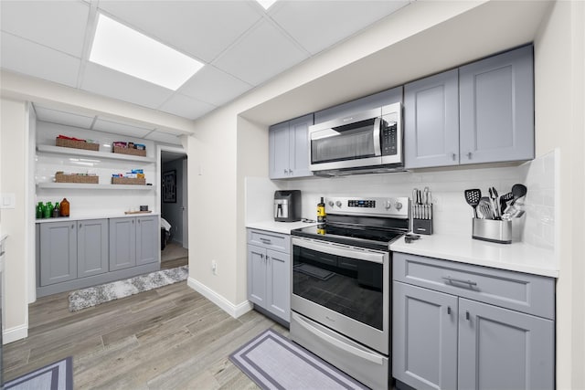 506 Kime Ave, West Islip, NY 11795 - kitchen with stainless steel appliances, gray cabinetry, light wood-type flooring, and backsplash