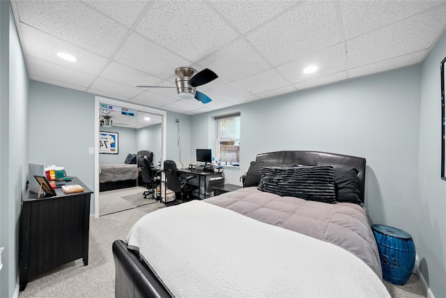 506 Kime Ave, West Islip, NY 11795 - carpeted bedroom with ceiling fan, recessed lighting, a paneled ceiling, and a desk