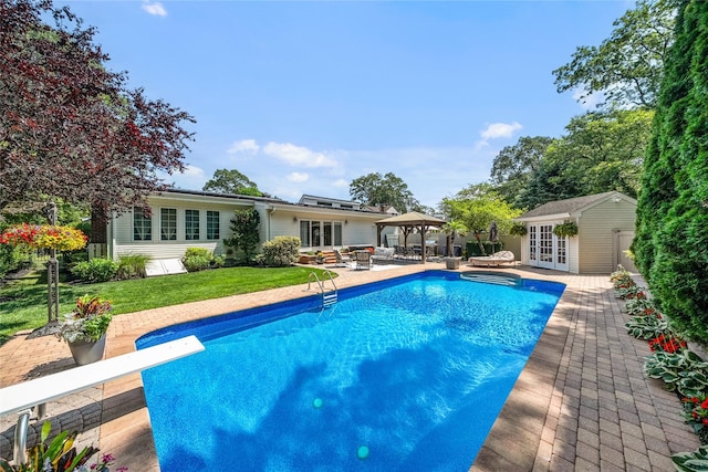 506 Kime Ave, West Islip, NY 11795 - swimming pool featuring french doors, an outbuilding, a patio, an exterior structure, and a gazebo