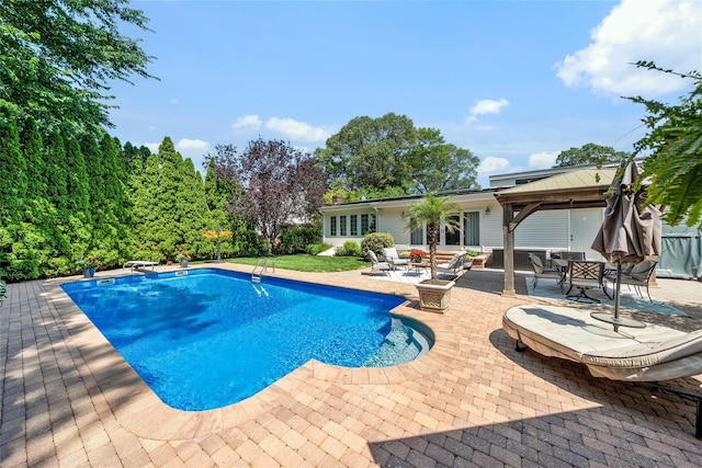 506 Kime Ave, West Islip, NY 11795 - outdoor pool with a patio, a gazebo, outdoor dining area, a diving board, and an outdoor living space